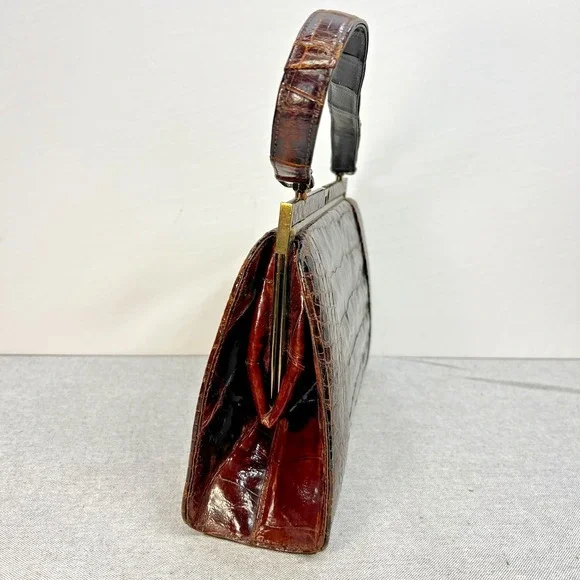 Gorgeous Vintage 1950s 60's Vassar Cognac Brown Alligator Skin Handbag Frame Bag - Picture 4 of 13